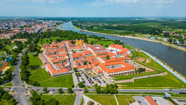 Aerial view of Tvrđa (Fortress), Osijek &ndash; a stunning Baroque fortress complex showcasing remarkable old architecture and historic charm, nestled along the Drava River in eastern Croatia