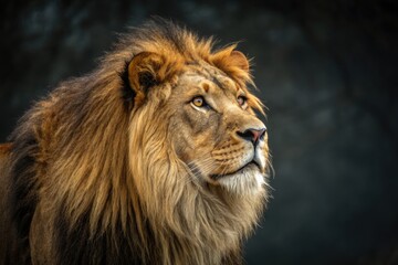 Naklejka premium Majestic Lion Portrait With an Intense Gaze in Natural Light Generative AI