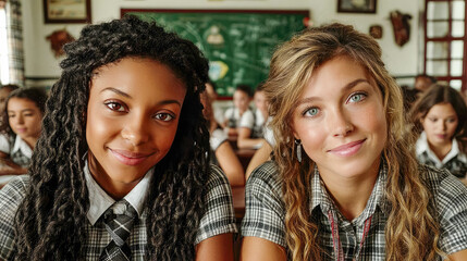 Fototapeta premium Portrait of two happy schoolgirls sitting in a classroom, smiling confidently in school uniforms with classmates in the background