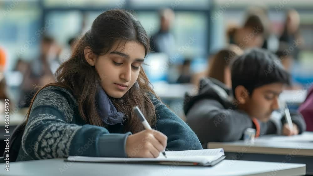 Poster In a classroom, a student is writing in a notebook. They are intently focused on their assignment. The setting is an educational environment with other students visible in the background.