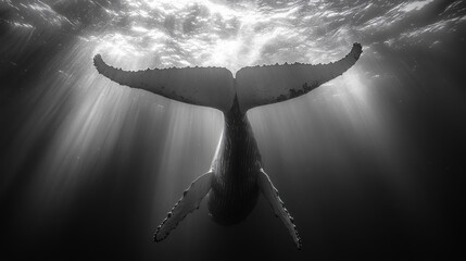 Whale's tail underwater, sunbeams, ocean, peaceful scene, nature documentary