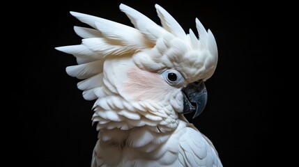 White cockatoo portrait, dark background, zoo animal