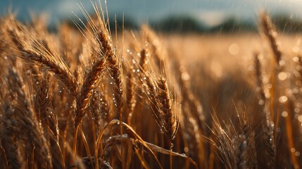 Fototapeta premium Golden Wheat Field Rain Drops Summer Nature Photography Rural Scenery Agricultural Landscape Beautiful Harvest Season Golden Hour Sunlit 