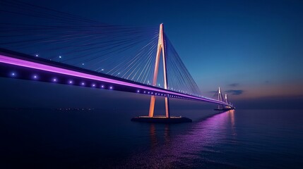 Obraz premium Suspension bridge illuminated against serene twilight sky over the ocean