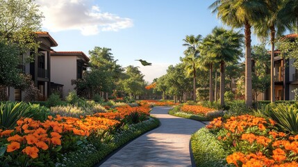Winding path, orange flowers, resort villas, palm trees, sunny day; real estate marketing