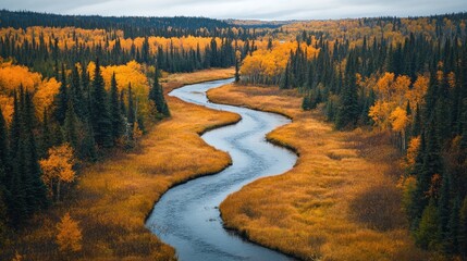 Winding river through autumn forest, aerial view