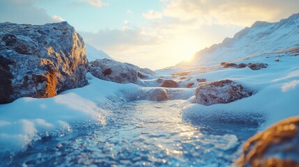 Winter stream flows through snowy mountains at sunset