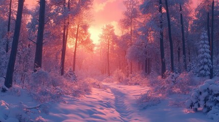 Winter sunset in snowy pine forest, tranquil path
