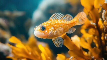 Yellow fish swims kelp forest, ocean background; underwater nature