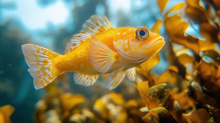 Yellow fish swims kelp forest ocean. Underwater wildlife photo for nature documentaries