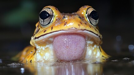 Yellow frog catching prey in dark water, wildlife closeup