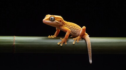 Yellow gecko on bamboo, dark background, wildlife