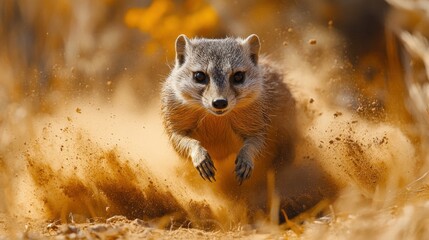 Yellow mongoose running, desert dust, wildlife