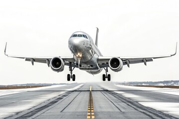 Obraz premium Silver Airplane Takes off Against White Background Generative AI