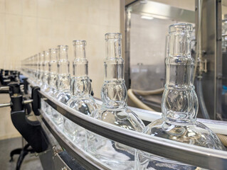 Empty glass bottles moving along conveyor belt on automated bottling line in modern beverage production facility