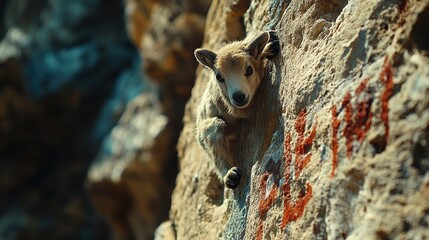 Young mountain goat clinging to cliffside, sunny day