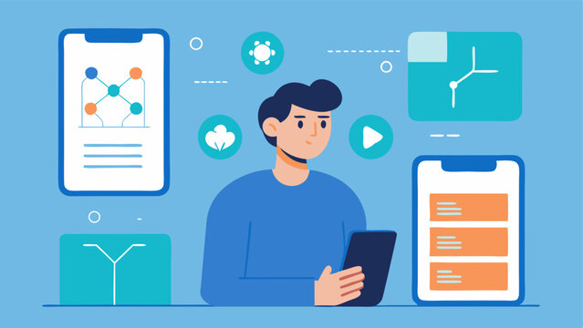 Interaction with Technology A patient using a mobile app designed to track their progress in a gene therapy program with visuals of genetic data displayed on the screen.