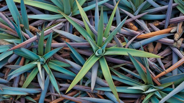 Close-up aerial view of Phormium plants with colorful leaves, showcasing vibrant green, blue, and purple hues in a natural outdoor setting.