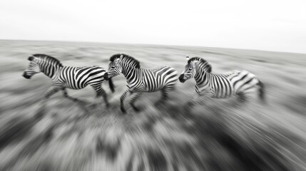 Zebras running across African savanna, blurred background