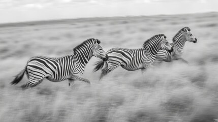 Zebras running across African savanna, dust clouds, wildlife