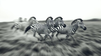 Zebras running in African savanna; wildlife motion blur