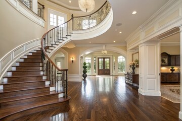 Elegant Staircase in a Spacious Well-Lit Foyer Setting Generative AI