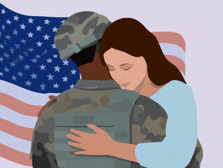Woman hugging returning soldier tenderly with an American flag backdrop for Veterans Day (USA) and copy space