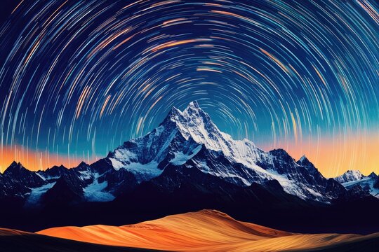 Majestic snow-capped mountains under a vibrant night sky with star trails, creating a breathtaking celestial landscape.
