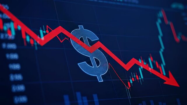 Red descending line on financial chart with dollar sign. Stock market crash and economic downturn, investment risk, loss of capital. Business background - Powered by Adobe