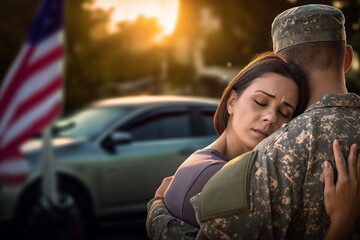 Woman hugging returning soldier tightly with emotion in a warm sunset setting for Veterans Day (USA) and copy space
