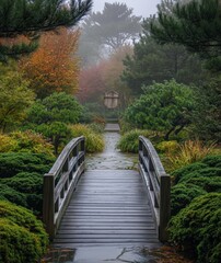 Fototapeta premium A misty dawn at the wooden footbridge in a Japanese garden