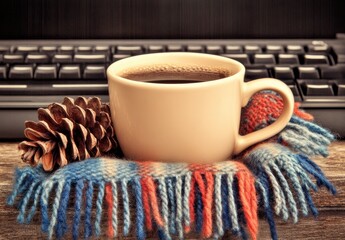 Cozy coffee break.  A warm cup of coffee, nestled in a colorful scarf, beside a pine cone on a wooden surface near a keyboard