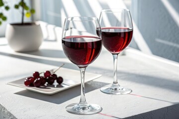 Two Glasses of Red Wine on a White Table With Cherries Generative AI