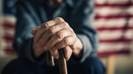 Folded hands on cane resting gently with an American flag background for Veterans Day (USA) and copy space