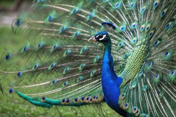 Obraz premium Vibrant Peacock Displaying Its Stunning Tail Feathers in Nature Generative AI