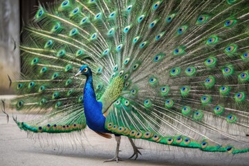 Obraz premium Vibrant Peacock Displays Stunning Tail Feathers in Garden Generative AI