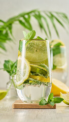Refreshment in a glass. A close-up shot of a refreshing summer drink with lime, lemon, and mint in a modern glass on a wooden coaster