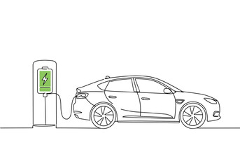 Eco-friendly electric vehicle charging at a power station. Simple line drawing with a green battery symbol representing clean energy and sustainable transport.