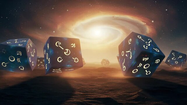Fantasy dice set in surreal space environment