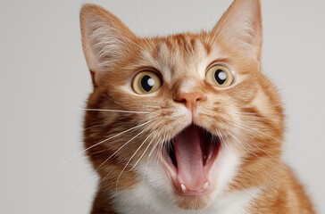 Obraz premium Surprised Ginger Cat with Open Mouth on White Background in Studio Lighting