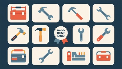 Father's Day tools illustration featuring a toolbox, hammer and wrench icon set, complemented by a 'World's Best Dad' badge design, a warm and vibrant tribute to fathers 8K