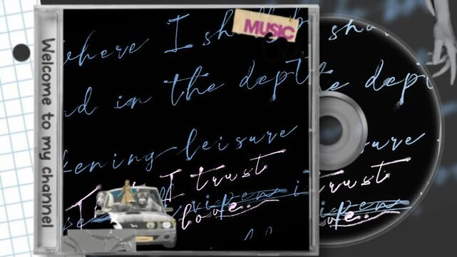 Vintage CD Cover with Cursive Poetry and Car Animation on Black Background
