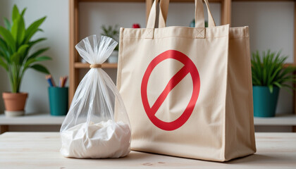 Cotton Tote Bag and Prohibited Plastic Bag Symbol on Wooden Surface, Sustainability vs Environmental Impact Concept