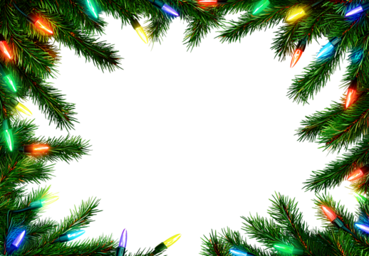 Christmas frame made of green Christmas tree branches with colorful lights on a transparent background, with white space in the middle for text or a photo