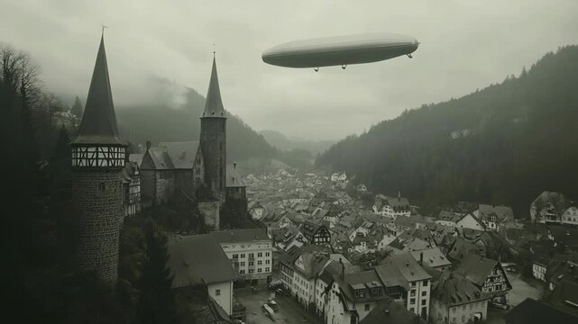 Foggy panorama of a classic European village nestled in a valley with an airship passing over the houses