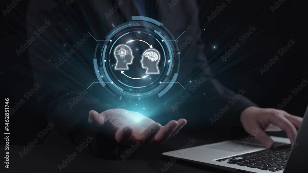 Poster human interact with ai artificial intelligence brain processor in concept of ai artificial intellige
