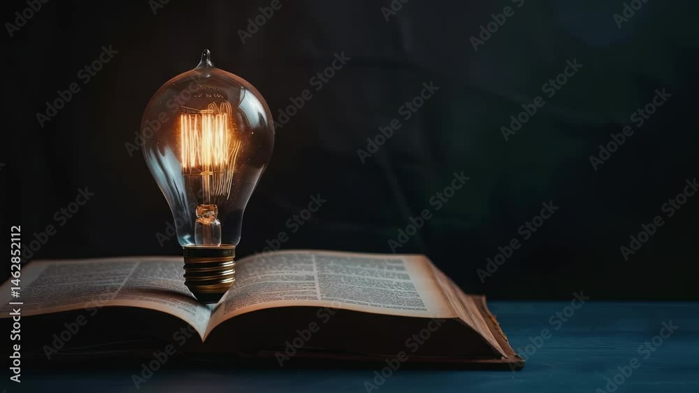 Poster this image shows a vintage lightbulb resting on an old, open book. the scene is softly lit, casting 