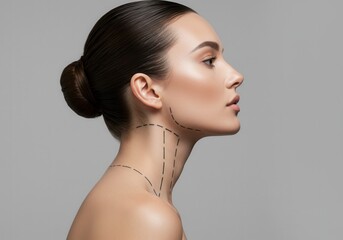 Woman's profile with markings for plastic surgery procedure on neck and jawline
