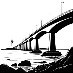 Confederation Bridge is one of the most famous bridges in Canada, black and white, white background, vector Silhouette