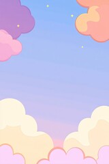 Pastel sky with fluffy clouds and twinkling stars. Soft colors of pink, purple, and orange create a dreamy atmosphere
